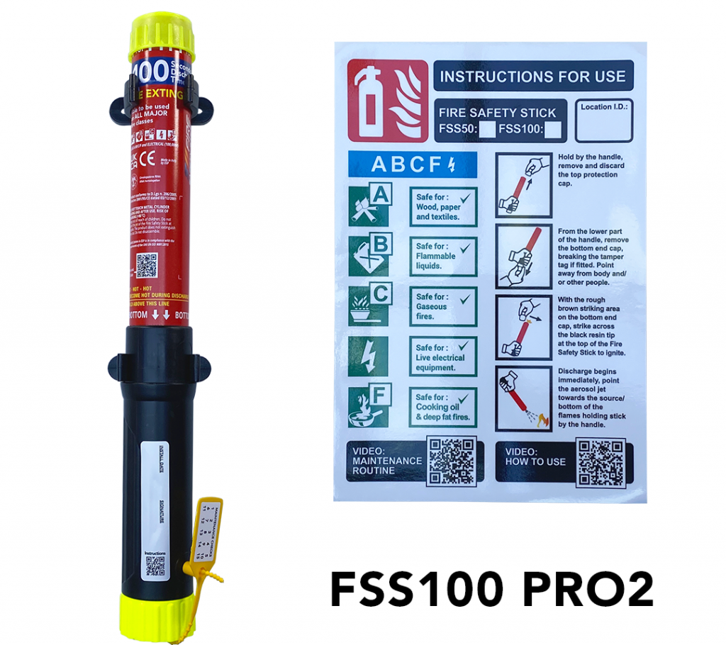 "A Fire Safety Stick 100 Pro 2, a compact, non-pressurized, stick-shaped fire extinguisher, shown in its protective black casing, typically labelled with 'FSS 100' or branding." Rail Fleet Safety, Emergency Services and Agricultural & Farming