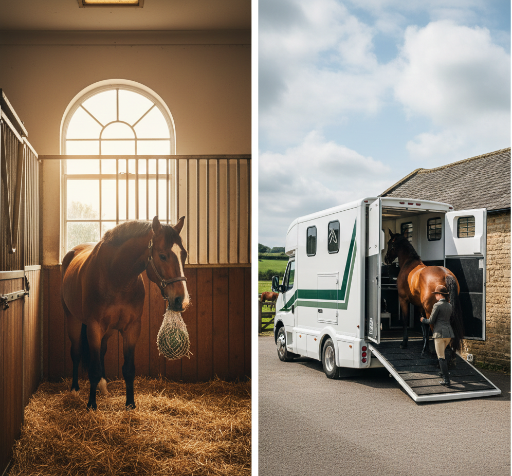 "A split image depicting the 'Stables & Horse Boxes' sector. The left panel shows a horse standing in a sunlit stable stall filled with straw, eating from a hay net. The right panel shows a horse being loaded into a modern white and green horse box by a person in riding attire, with a rural building and field in the background. The image clearly defines the equine care and transport industry."