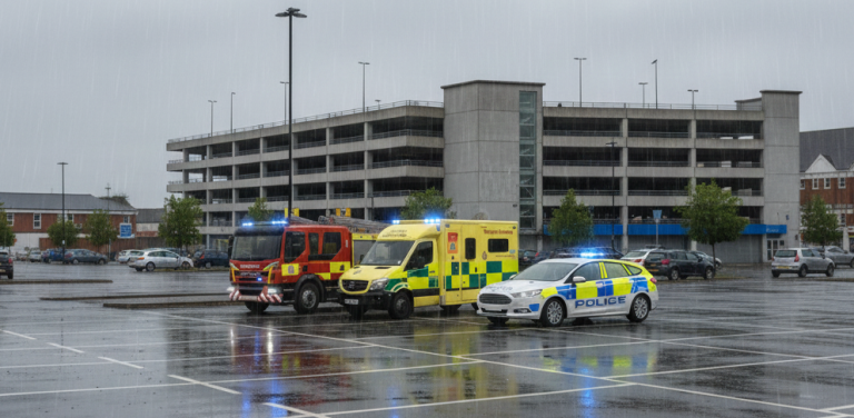 "A dynamic digital photo showing a scene where a police car, a fire engine, and an ambulance are all present with their emergency lights flashing. The scene is clean, focusing on the vehicles and responders in uniform, visually defining the collaborative nature of the Emergency Services sector."