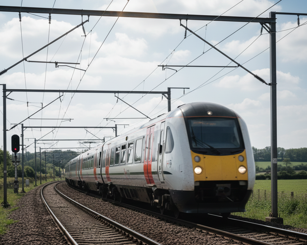 "A modern British passenger train, painted white with red and grey accents, curves along a railway line under overhead electric lines. The train is moving away from the viewer on a sunny day with a blue sky and typical British green countryside visible in the background. A red signal light is visible on the left. This image effectively defines the dynamic and modern British Rail Sector."