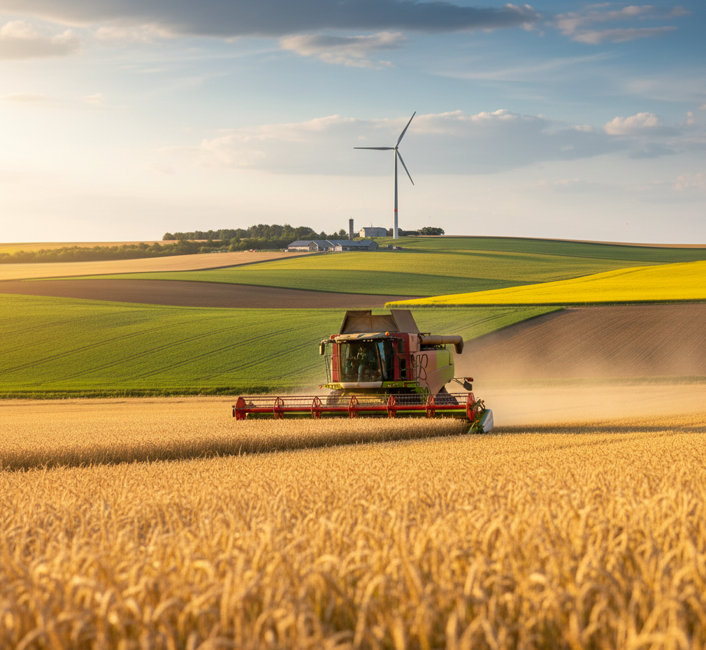 "A wide shot of a modern, large combine harvester (colored red or yellow) actively harvesting a golden field of mature wheat or corn under a clear blue sky. The scene conveys the large scale, technology, and essential work of the Farming and Agricultural sector."