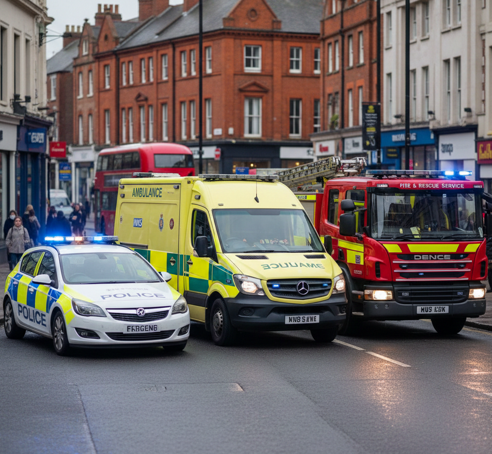 "A dynamic digital photo showing a scene where a police car, a fire engine, and an ambulance are all present with their emergency lights flashing. The scene is clean, focusing on the vehicles and responders in uniform, visually defining the collaborative nature of the Emergency Services sector."