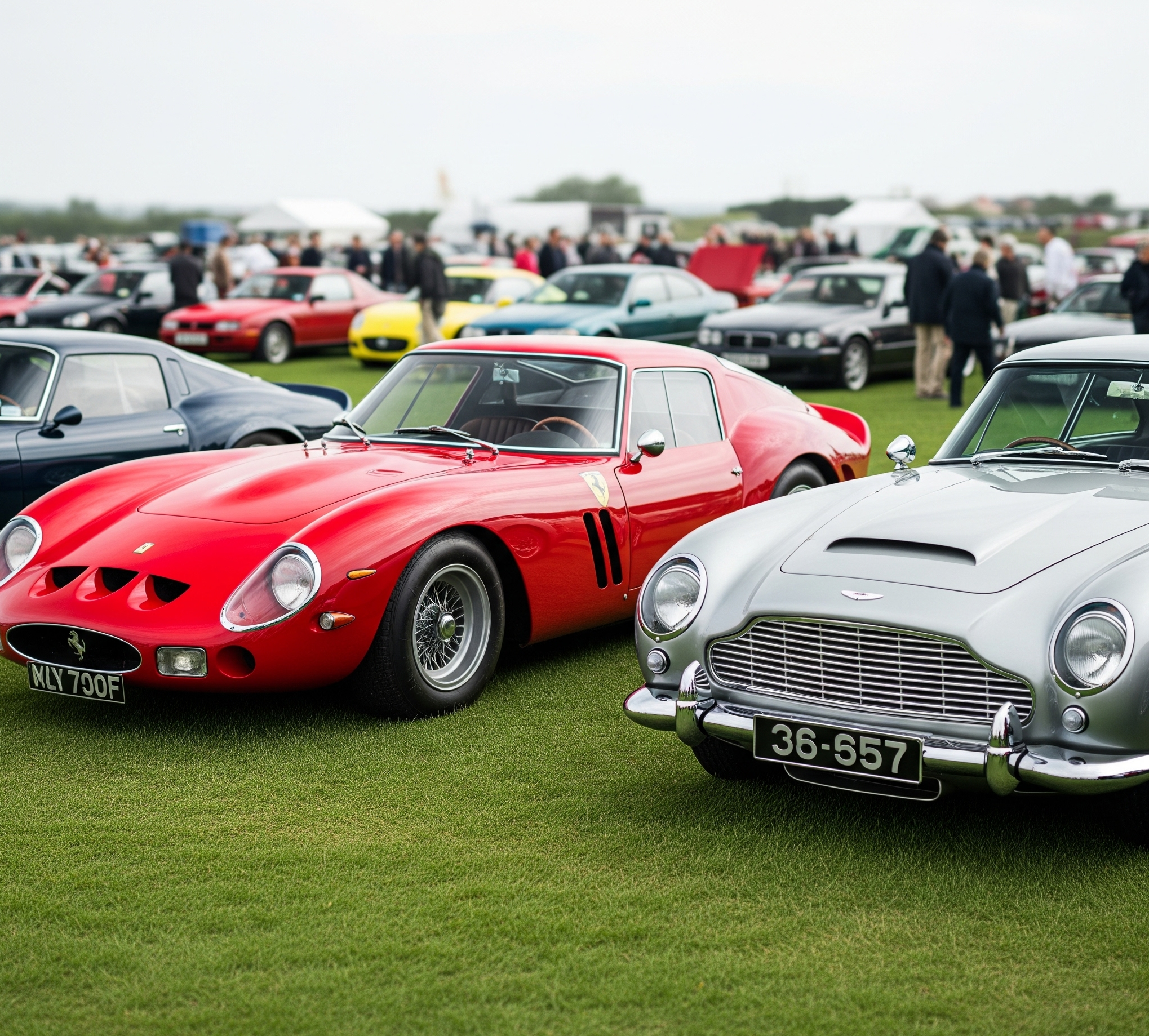 "A beautiful silver Aston Martin and a prominent red Ferrari 250 GTO are shown side-by-side on a grassy field at a classic car show. The surrounding area features other vintage vehicles and spectators blurred in the background, perfectly defining the high-end Enthusiast Vehicles sector."