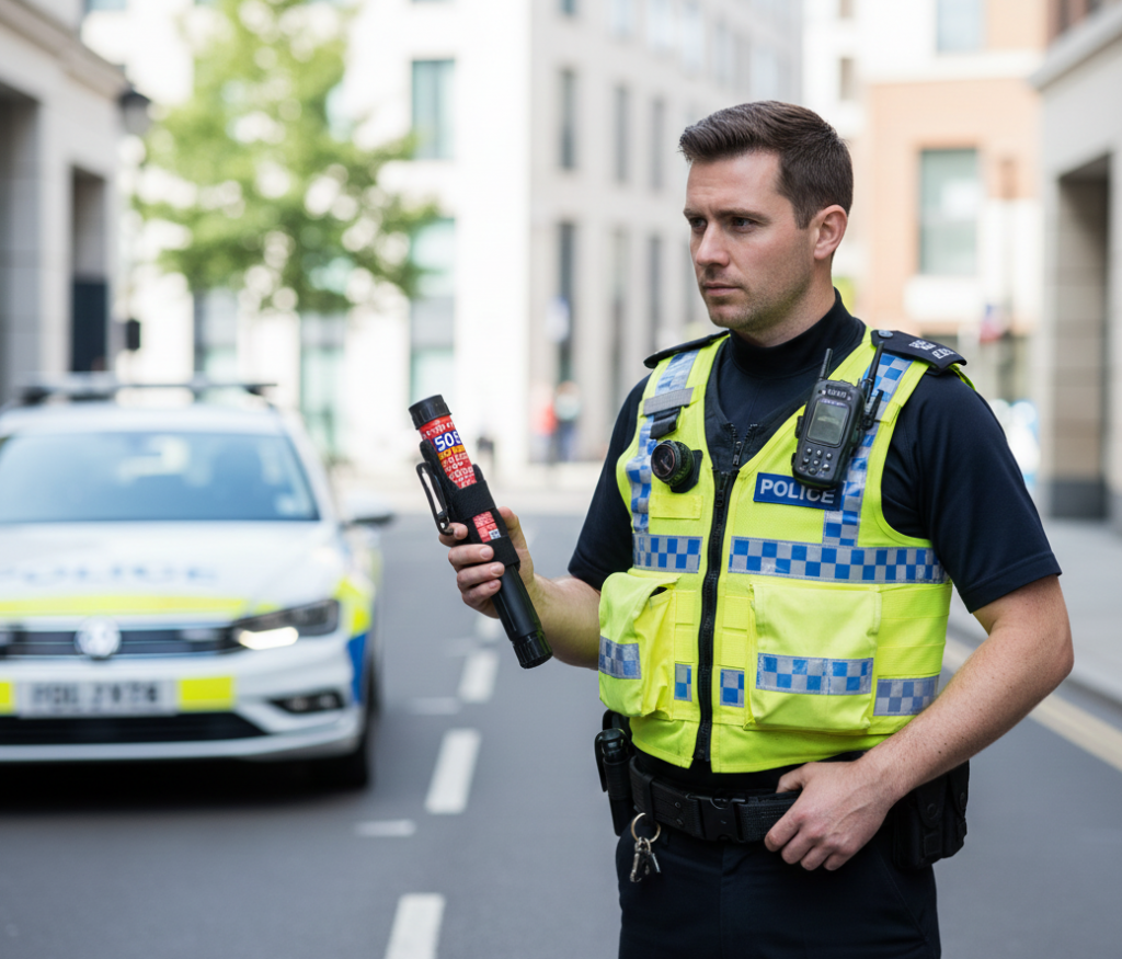 Police officer holding Fire Safety Stick in a Belt Holster for Clean Fleet Fires