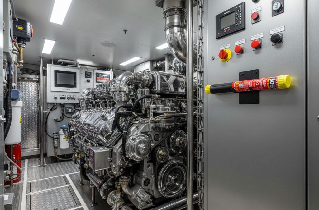A modern, brightly lit superyacht engine room featuring a large, polished diesel engine and a red-and-yellow fire safety stick mounted on a grey control panel. fire safety for yachts