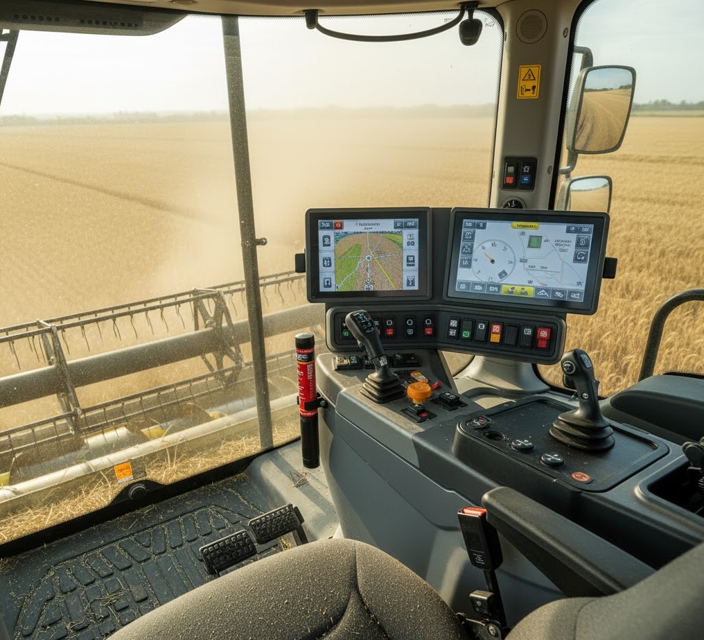 Combine Harvester Fire Extinguisher Safety using a maintenance-free Fire Safety Stick in the cab