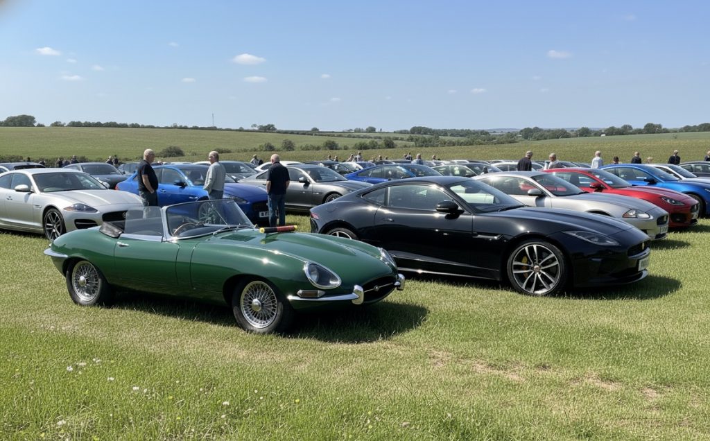 Green Jaguar E-Type and modern F-Type sports cars displayed at a classic car event, requiring residue-free fire suppression for enthusiast vehicles.