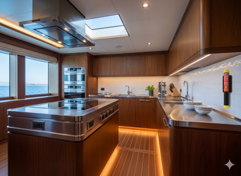 Residue-free fire safety solution for superyacht galleys and kitchens, protecting sensitive appliances and food prep areas.