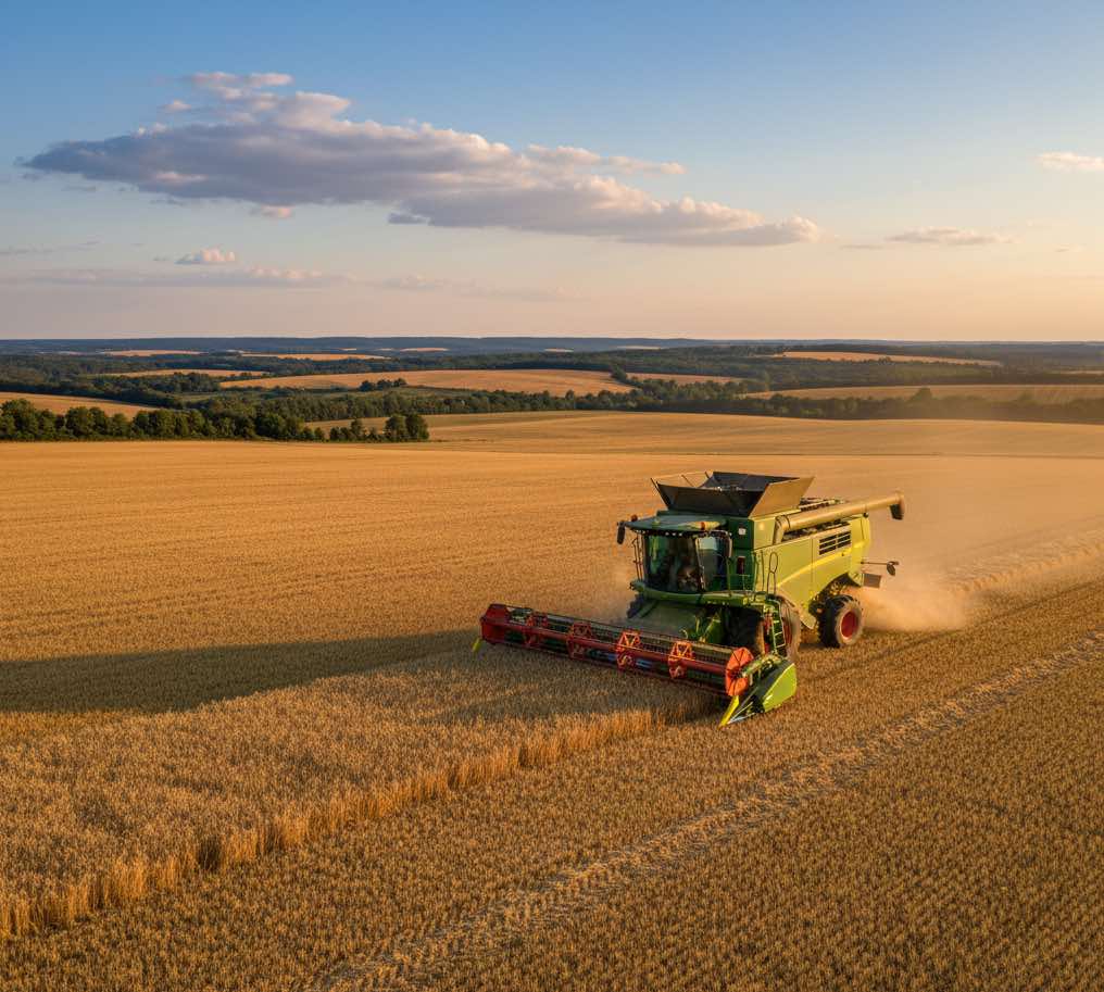 Combine harvester operating in dry harvest field, highlighting the need for Fire Safety Stick clean fire suppression to protect high-value agricultural machinery.