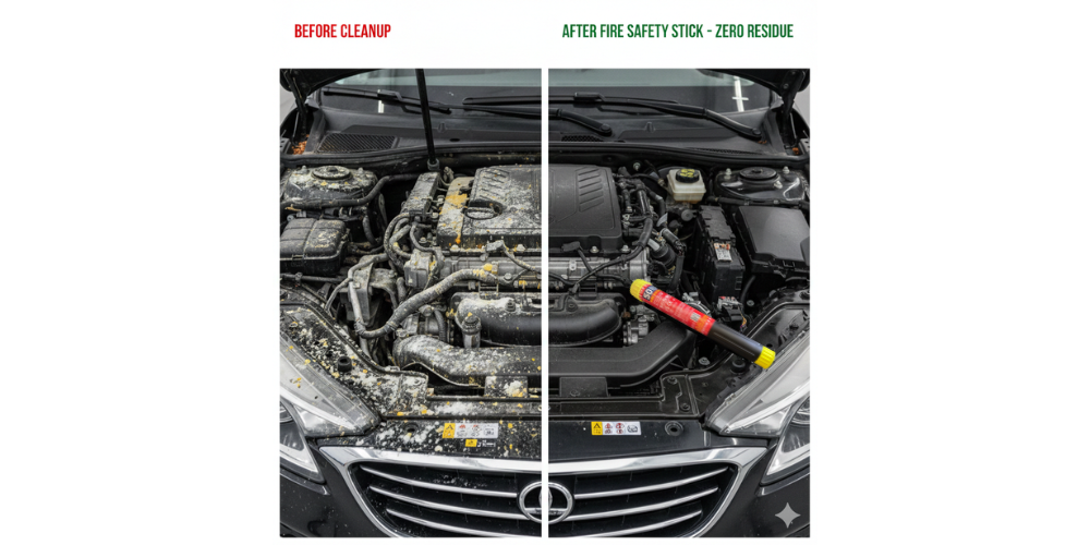 Corrosive dry powder damage vs clean engine after Fire Safety Stick